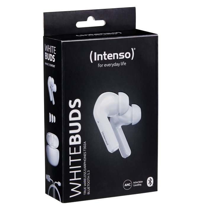 Intenso Buds T300A – Écouteurs Bluetooth TWS avec ANC, Bluetooth 5.3, autonomie 35h, blanc