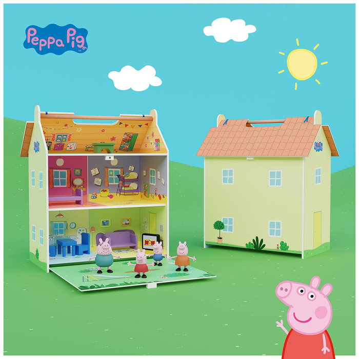 DEQUBE Peppa Pig Maison en Bois Portable avec 4 Personnages - Cuisine, Salon, Chambres et Jardin DEQUBE Peppa Pig Maison en Bois Portable avec 4 Personnages - Cuisine, Salon, Chambres et Jardin