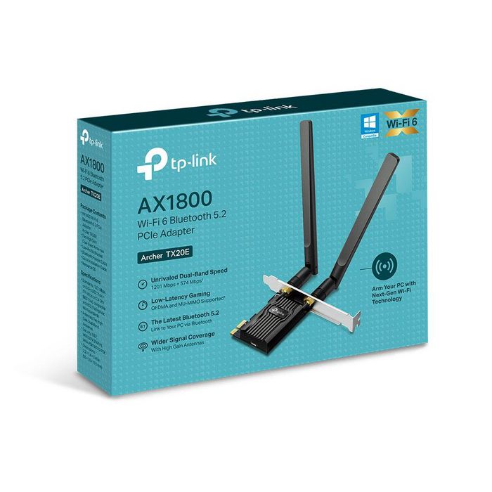 TP-Link Carte Wi-Fi 6 AX1800 Bluetooth 5.2 PCIe avec 2 Antennes - Double Bande 2.4/5 GHz, jusqu'à 1800 Mbps, Sécurité WPA3 - pour PC (55 x 36 x 11.5 mm)
