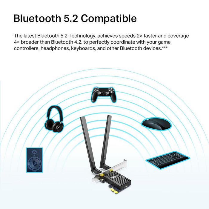TP-Link Carte Wi-Fi 6 AX1800 Bluetooth 5.2 PCIe avec 2 Antennes - Double Bande 2.4/5 GHz, jusqu'à 1800 Mbps, Sécurité WPA3 - pour PC (55 x 36 x 11.5 mm)