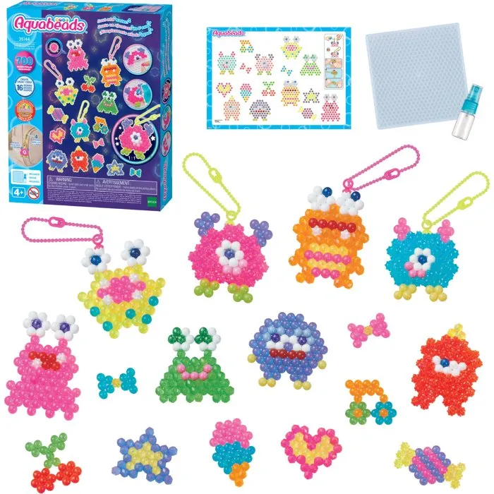 Aquabeads - Kit de Création Monstres Marrants - 700 Perles Dont Néons, Étoiles et Éclats - Avec Attaches Porte-Clés - À Partir de 4 Ans