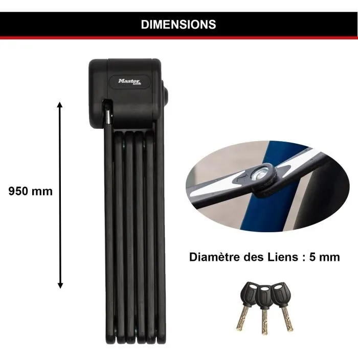Master Lock 8333EURDPRO Antivol vélo pliable en acier trempé 5 mm, certifié, 3 clés, support inclus, 220 mm déplié