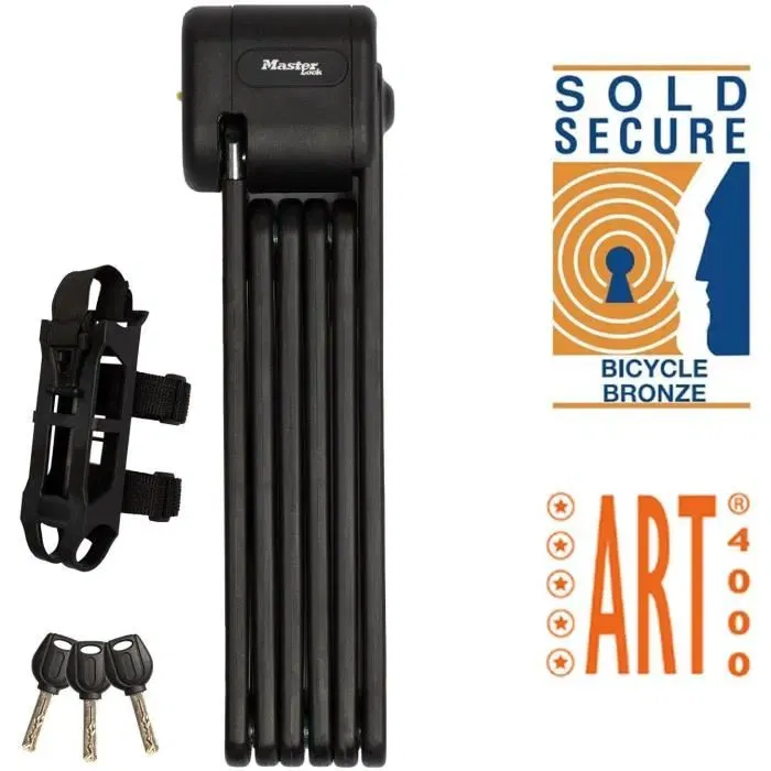 Master Lock 8333EURDPRO Antivol vélo pliable en acier trempé 5 mm, certifié, 3 clés, support inclus, 220 mm déplié