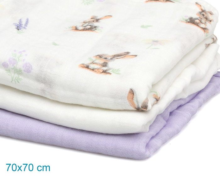 KioKids Set de 3 Mousselines Conejitos, Lavande et Blanc 70x70cm