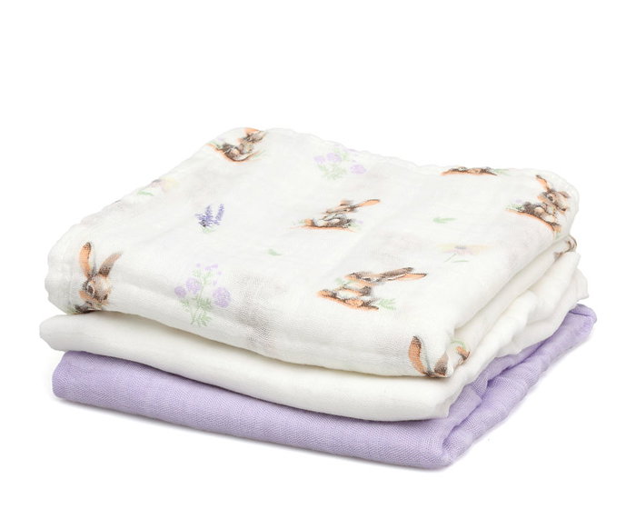 KioKids Set de 3 Mousselines Conejitos, Lavande et Blanc 70x70cm