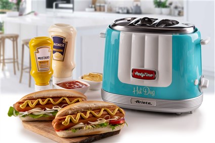 Ariete 206/01 Machine à Hot-dog Party Time Bleue - Compacte, cuisson 5 niveaux et éjection automatique, pour salchichas Frankfurt et buns