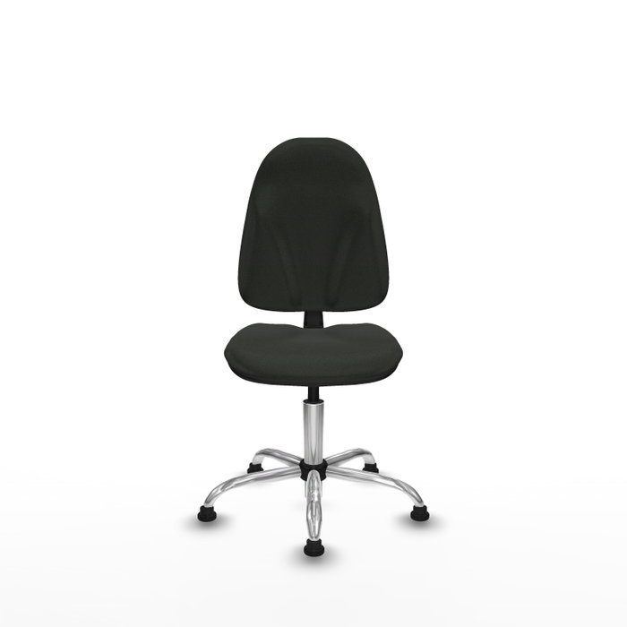 Chaise de bureau Algarra avec mécanisme de contact permanent de base, recouverte de tissu noir. Équipée d'une base chromée, sans accoudoirs et avec butées