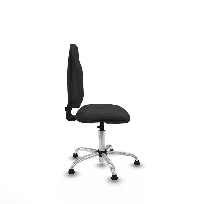 Chaise de bureau Algarra avec mécanisme de contact permanent de base, recouverte de tissu noir. Équipée d'une base chromée, sans accoudoirs et avec butées