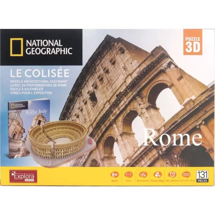 Explora Puzzle 3D Lumineux et Éducatif Colisée - Jeu de Construction 131 Pièces - Architecture de Rome - Sans Colle - Dès 8 Ans