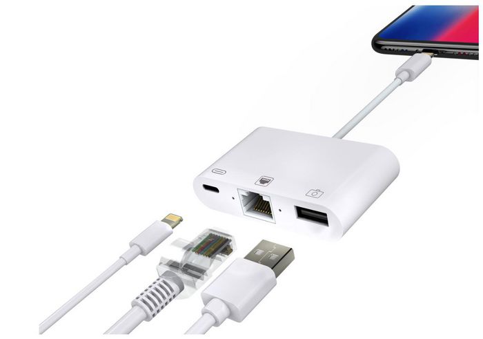 MicroConnect Hub Lightning vers RJ45 avec Port USB et Port de Charge - Compatible iPhone iPad iOS 10+