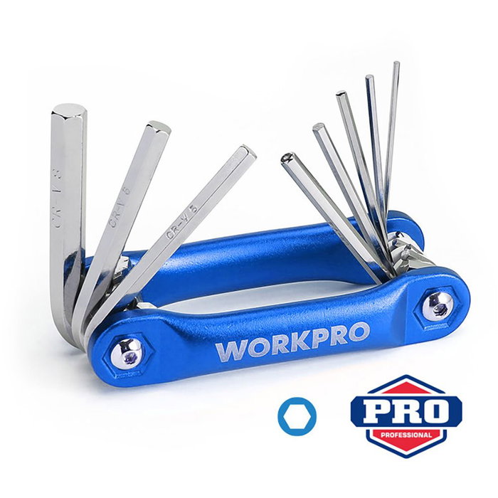 Workpro Jeu de 8 clés Allen pliables métriques, acier chromé vanadium, tailles 1,5-8 mm, bleu