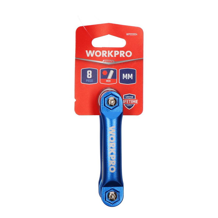 Workpro Jeu de 8 clés Allen pliables métriques, acier chromé vanadium, tailles 1,5-8 mm, bleu