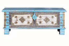 Giner y Colomer - Malle de rangement buffet en bois de manguier bleu vieilli avec poignées en bronze, dimensions 116x40x45 cm