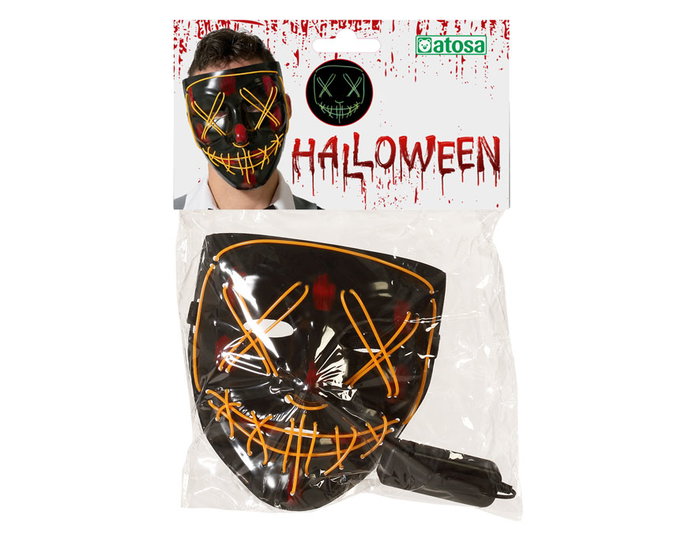 Masque de déguisement Asesino Homme Noir Fluorescent avec Lumières Orange Effrayant Halloween Criminel