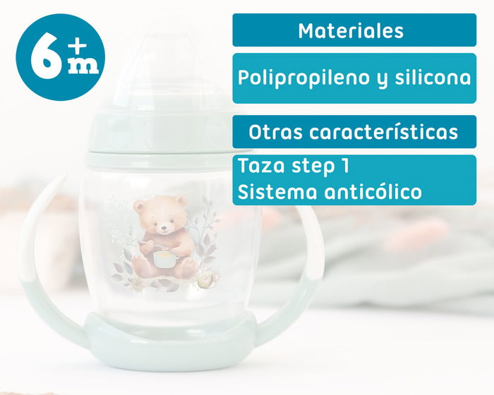KioKids Tasse d'apprentissage Step 1 Sage 270 mL, avec tétine en silicone souple, système anti-colique, pour bébés +6 mois, de la collection Honey, lavable au lave-vaisselle