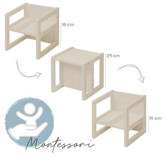 ROBA Tabouret Évolutif Enfant - Style Campagne - 3 Hauteurs Réglables - Assise Réversible - Bois Robust - Beige Cachemire