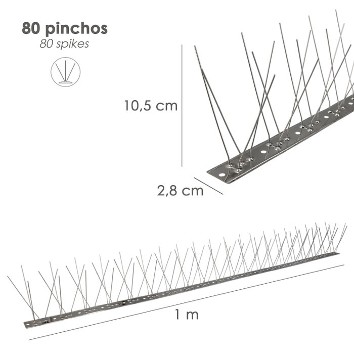WOLFPACK LINEA PROFESIONAL Pincho Anti Palomas 1 Metro Inoxidable Pincho Doble 80 Pinchos Plus