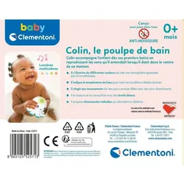 Clementoni Baby - Jouet de bain interactif et musical Colin le poulpe, jouet sensoriel lumineux avec indicateur de température de l'eau, effet chromothérapie