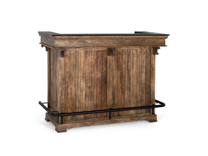 GINER Y COLOMER Bar en bois de manguier avec plateau en granit et métal, marron et noir, 150 cm, avec rangement pour bouteilles et verres