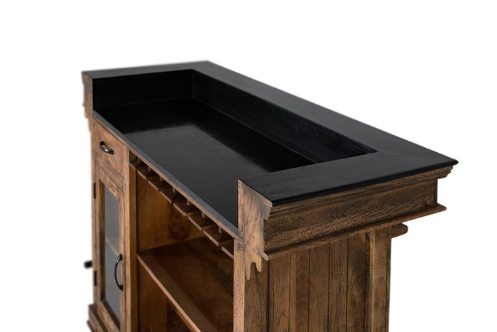 GINER Y COLOMER Bar en bois de manguier avec plateau en granit et métal, marron et noir, 150 cm, avec rangement pour bouteilles et verres