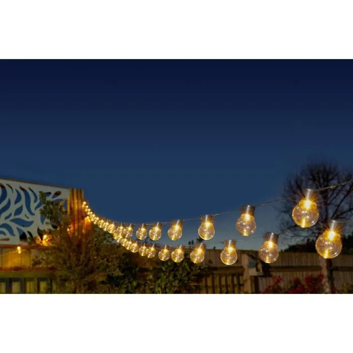 Smart Garden Guirlande Solaire Globulb 40 LED Blanc Chaud 13.7 m, Alimentation Panneau Solaire, Étanchéité IP44, 2 Piles AA, Allumage Automatique