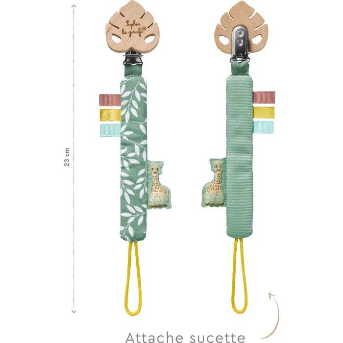 Sophie La Girafe - Attache-sucette - Clip textile avec motifs Jungle - Matières douces et couleurs pastel pour bébé