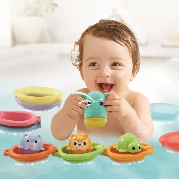 VTech Empilo Rigol'Eau - Coffret de bain bébé avec 13 jouets, éléphant arroseur, 9 bateaux et 3 verseurs animaux pour éveil et motricité