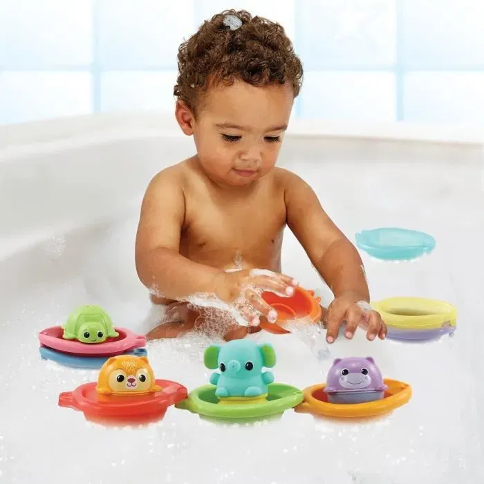 VTech Empilo Rigol'Eau - Coffret de bain bébé avec 13 jouets, éléphant arroseur, 9 bateaux et 3 verseurs animaux pour éveil et motricité