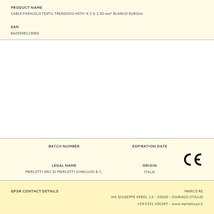 Edm Câble parallèle textile tressé H07V-K 3 x 2,50 mm² blanc 100 m Edm Câble parallèle textile tressé H07V-K 3 x 2,50 mm² blanc 100 m