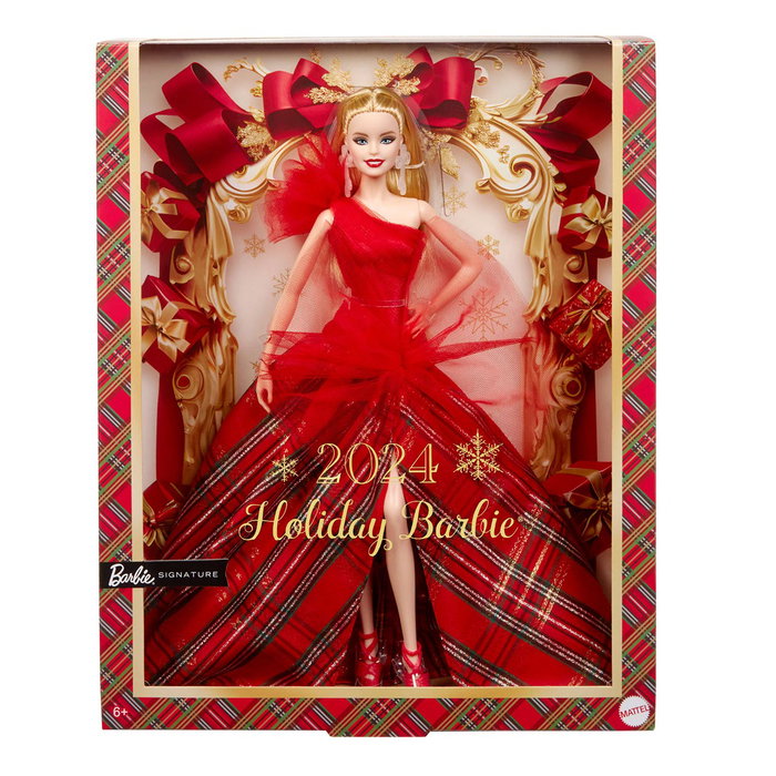 Barbie - Poupée Barbie Signature Holiday Blonde Hrm61 Mattel - Collection Signature avec robe rouge à carreaux - Jouet pour filles +6 ans - Versions multilingues