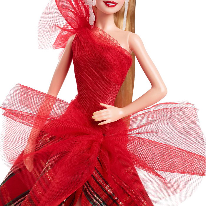 Barbie - Poupée Barbie Signature Holiday Blonde Hrm61 Mattel - Collection Signature avec robe rouge à carreaux - Jouet pour filles +6 ans - Versions multilingues