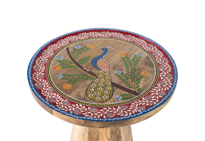 GINER Y COLOMER - Table d'appoint ronde en bois de manguier avec détails floraux peints à la main - Décoration artisanale GINER Y COLOMER - Table d'appoint ronde en bois de manguier avec détails floraux peints à la main - Décoration artisanale