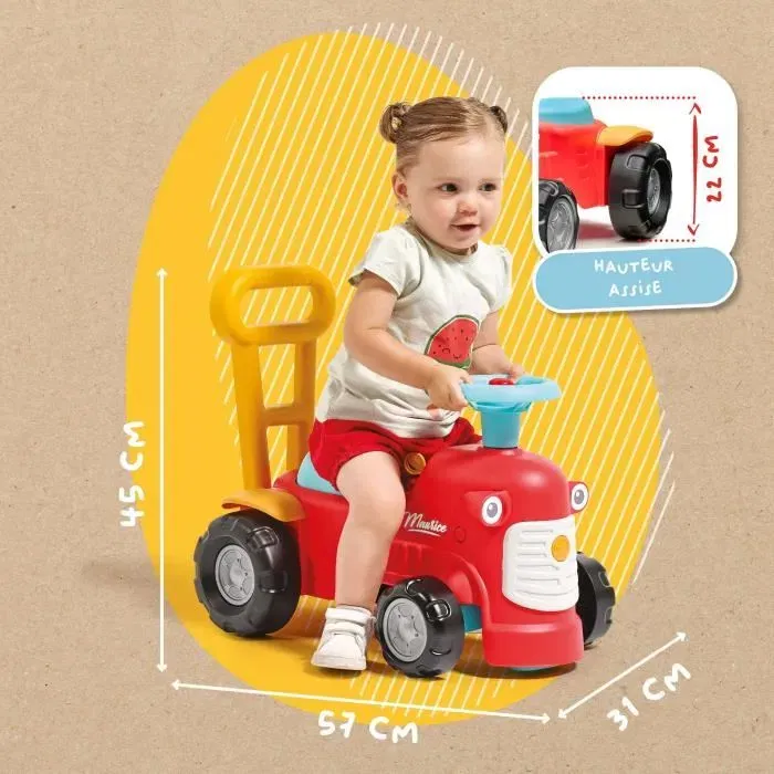 FALK - Tracteur porteur Maurice - Jouet premier âge avec volant sonore, klaxon et barre de marche - À partir de 12 mois - En plastique recyclé et fabriqué en France