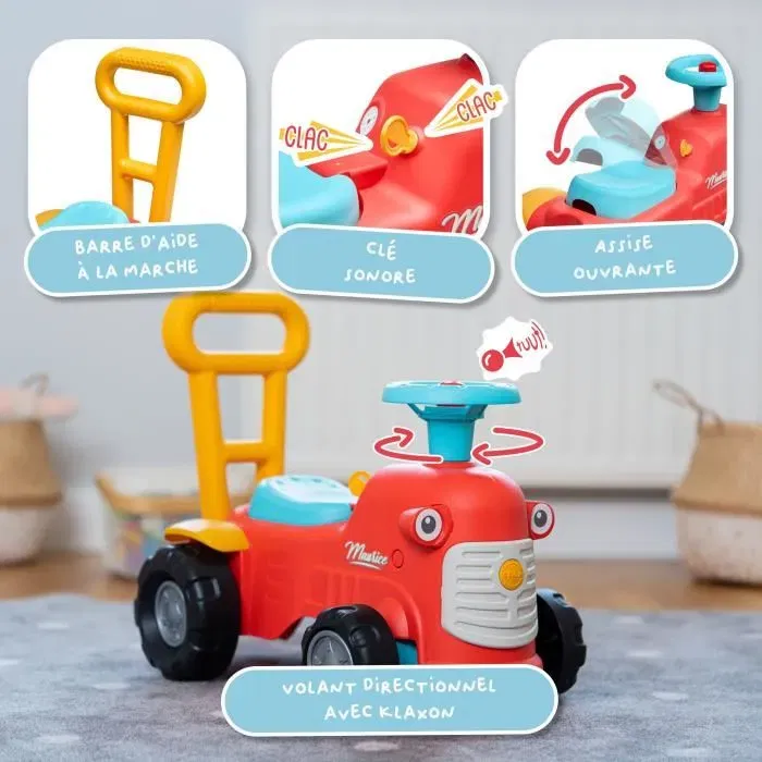 FALK - Tracteur porteur Maurice - Jouet premier âge avec volant sonore, klaxon et barre de marche - À partir de 12 mois - En plastique recyclé et fabriqué en France