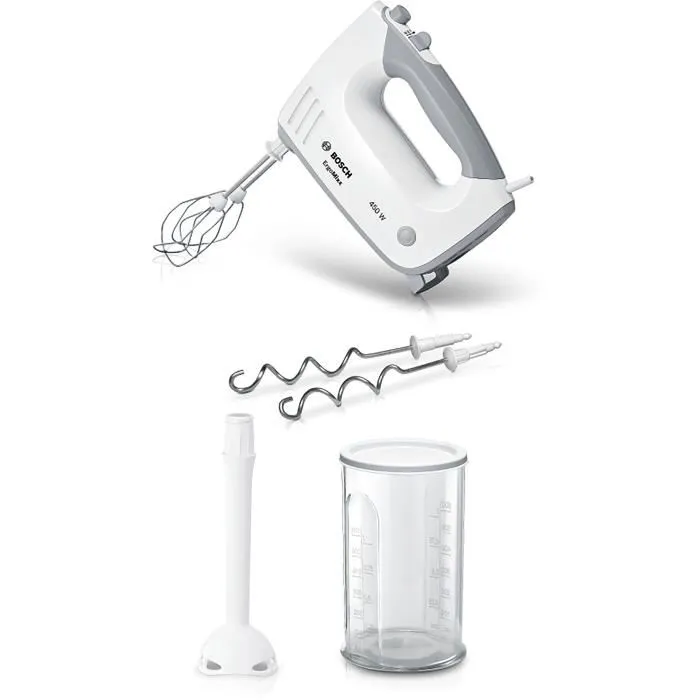 Bosch MFQ36440 Batteur, 450 W, 5 Vitesses, 2 Fouets/2 Crochets Pétrisseurs Inox, Bol Gradué avec Couvercle, Blanc/Gris Bosch MFQ36440 Batteur, 450 W, 5 Vitesses, 2 Fouets/2 Crochets Pétrisseurs Inox, Bol Gradué avec Couvercle, Blanc/Gris