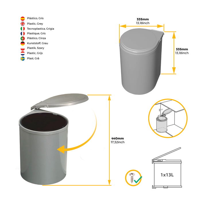 Emuca Bac de recyclage à fixer sur porte de meuble, 1 bac amovible 13 litres Plastique, Gris