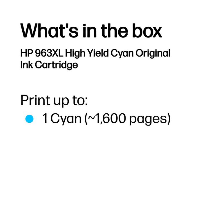 HP Cartouche d'encre Cyan grande capacité 963XL - Compatible OfficeJet Pro 9010, 9012, 9014, 9015, 9015e, 9016, 9019, 9020, 9022, 9023, 9025, 9025e - Environ 1600 pages