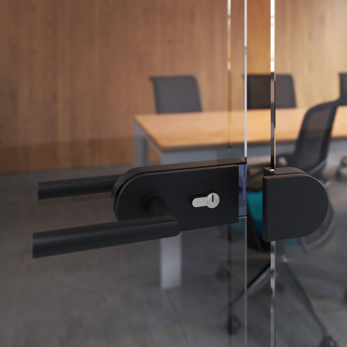 Emuca Kit de serrure et de gâche pour portes en verre doubles, loquet horizontal pour porte en verre 8-12mm, acier et aluminium, peint en noir Emuca Kit de serrure et de gâche pour portes en verre doubles, loquet horizontal pour porte en verre 8-12mm, acier et aluminium, peint en noir