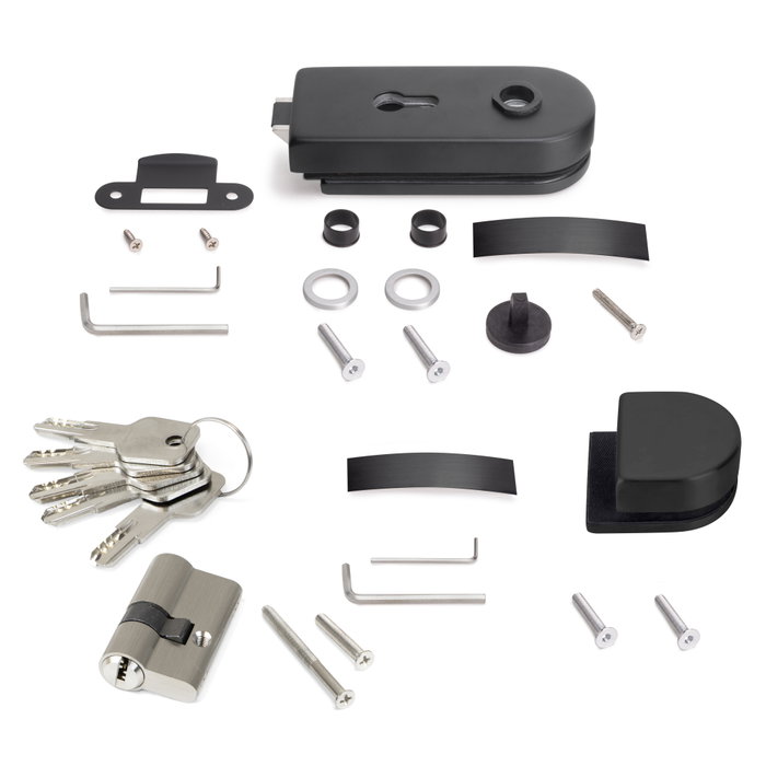 Emuca Kit de serrure et de gâche pour portes en verre doubles, loquet horizontal pour porte en verre 8-12mm, acier et aluminium, peint en noir Emuca Kit de serrure et de gâche pour portes en verre doubles, loquet horizontal pour porte en verre 8-12mm, acier et aluminium, peint en noir