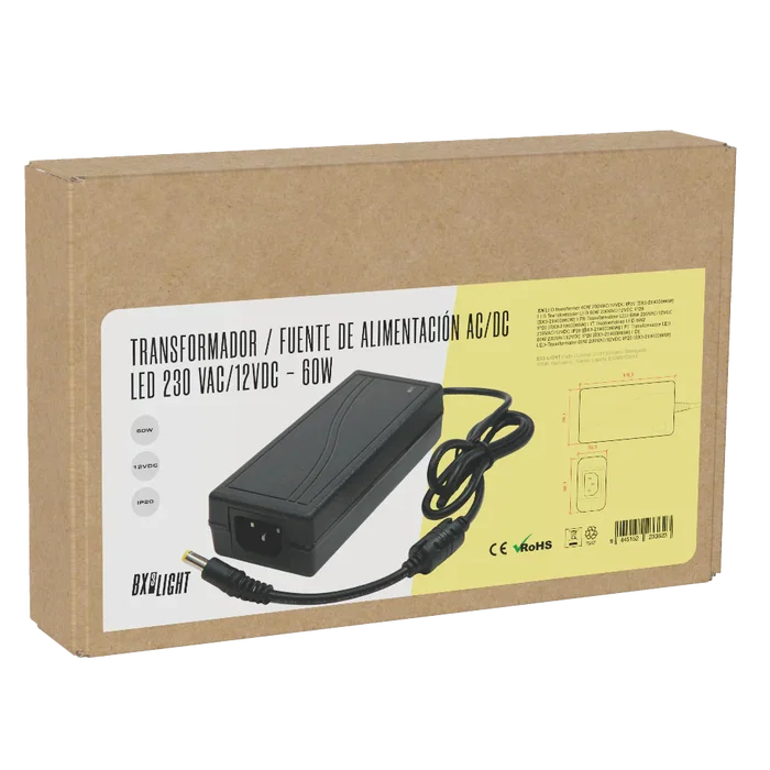 BX3 Light - Transformateur LED BX3-21900060W, 60W, 230V AC Entrée / 12V DC Sortie, Protection IP20, pour Intérieur
