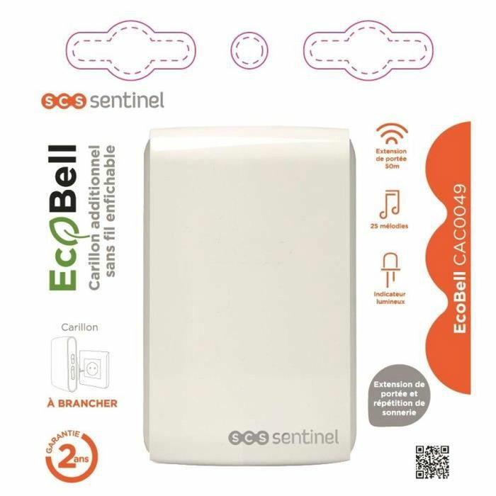SCS SENTINEL Carillon additionnel sans fil Ecobell CAC0049, 25 mélodies, Blanc