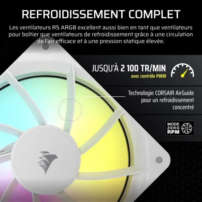 Corsair RS120 Pack de 3 ventilateurs ARGB 120mm Blanc - Ventilateurs PC silencieux avec éclairage personnalisable pour un refroidissement efficace