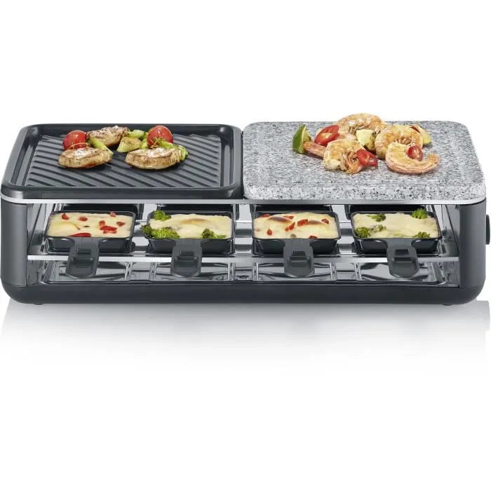 Severin Appareil à raclette et pierre de cuisson RG2366 - Pour jusqu'à 8 personnes - Plaque réversible et pierre naturelle - 1300W - 48 x 24 cm