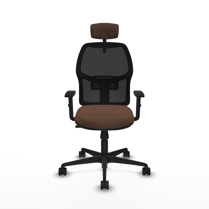 Chaise Alfera Synchro 4 positions tissu Marron foncé Maille Noir Base en nylon noir Accoudoir 1D Appui-tête 2D Roulettes 65mm nylon