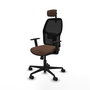 Chaise Alfera Synchro 4 positions tissu Marron foncé Maille Noir Base en nylon noir Accoudoir 1D Appui-tête 2D Roulettes 65mm nylon