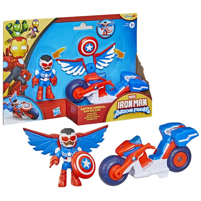 Hasbro Marvel Iron Man et Ses Amis Extraordinaires - Figurine Captain America Sam Wilson 7.5 cm avec Véhicule Super Moto - Jouet Super-Héros dès 3 ans