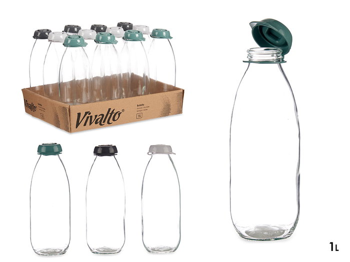Vivalto Bouteille en verre 1 L avec couvercle en plastique, couleurs assorties (anthracite, gris, vert) 23,7 x 7,5 x 7,5 cm (Set de 12) Vivalto Bouteille en verre 1 L avec couvercle en plastique, couleurs assorties (anthracite, gris, vert) 23,7 x 7,5 x 7,5 cm (Set de 12)