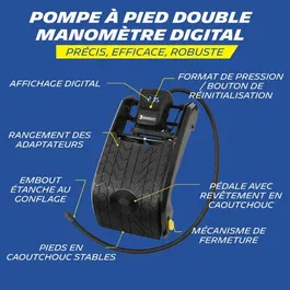 Michelin Pompe à pied double piston avec manomètre digital (0.05 à 7 bars) - Flexible nylon 60 cm et embout laiton - Affichage PSI, bar, kPa
