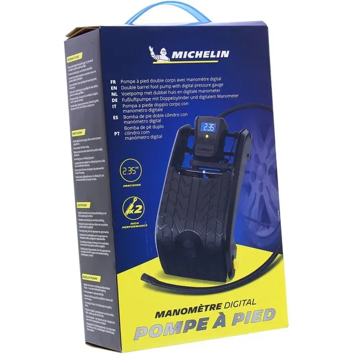 Michelin Pompe à pied double piston avec manomètre digital (0.05 à 7 bars) - Flexible nylon 60 cm et embout laiton - Affichage PSI, bar, kPa Michelin Pompe à pied double piston avec manomètre digital (0.05 à 7 bars) - Flexible nylon 60 cm et embout laiton - Affichage PSI, bar, kPa