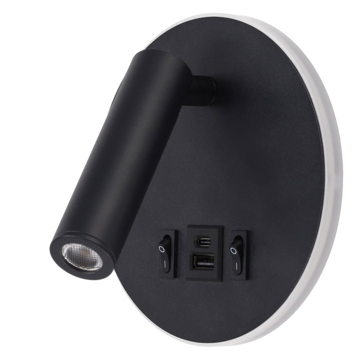 Spot LED rond 9W avec port USB-C - 630 lm 3000K noir - Applique murale orientable Spot LED rond 9W avec port USB-C - 630 lm 3000K noir - Applique murale orientable